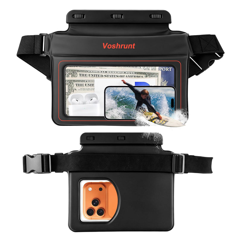 Waterproof Fanny Pack, Phone Pouch Dry Bag for Passport, cell Phone & Wallet, Floating Waterproof Phone Case for Beach, Swimming, Kayaking, Boating, IPX8 Certified Waist Bag, Large Capacity Black