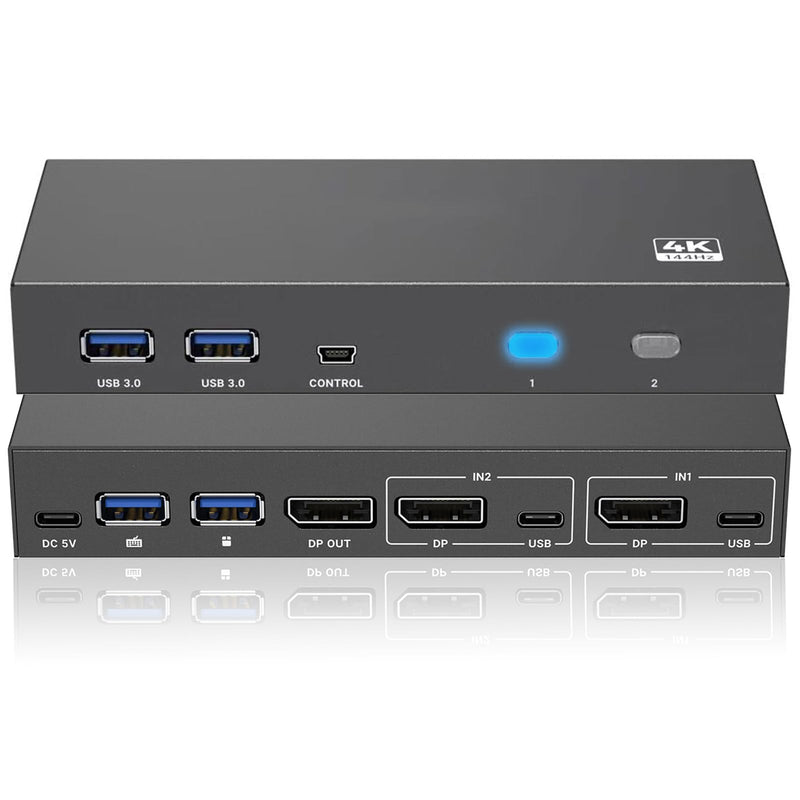 DisplayPort KVM Switch 1 Monitor 2 Computers USB 3.0 KVM Switcher | 8K@60Hz 4K@144Hz DP KVM Switch 2 In 1 Out, Two Computers Share One Display & 4 USB Devices, Plug & Play with Wired Controller