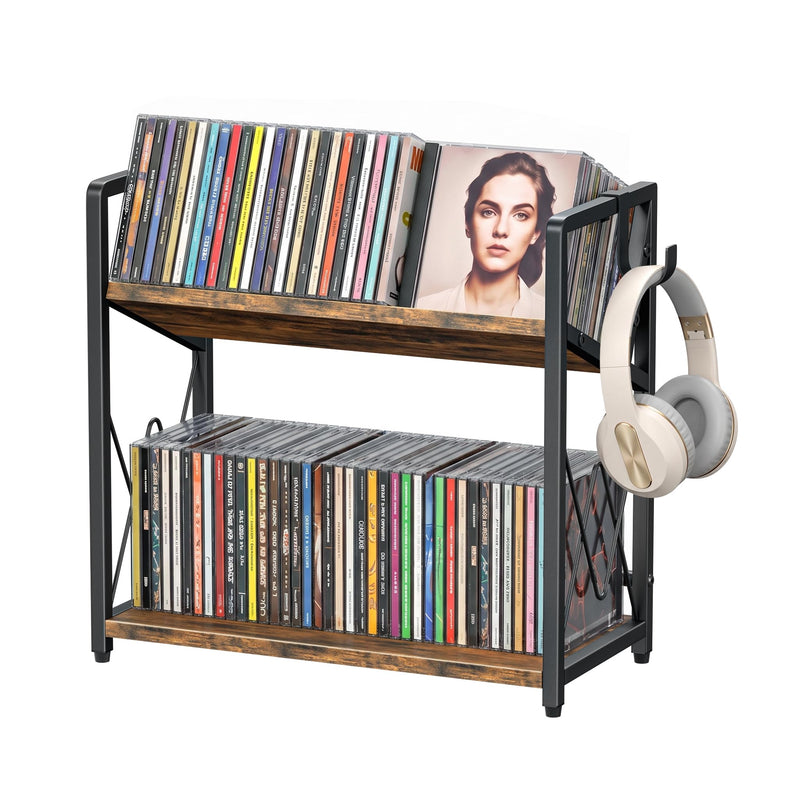 CD Storage Rack, 2-Tier CD Holder Rack, DVD Shelf Holds Store up to 80 CDs | cd display Retro Desk DVD Organizer Tower for Music Enthusiasts, Brown