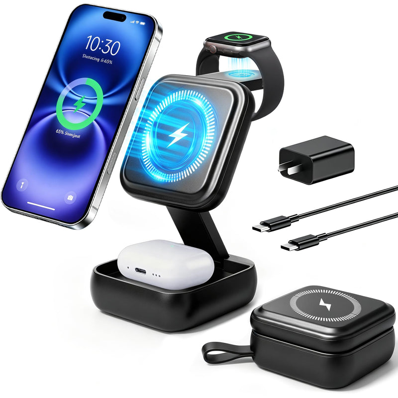 3 in 1 Charging Station for Apple Devices, Wireless Charger Stand | Foldable Magnetic Fast Wireless Charging Station for MagSafe iPhone 17 16 15 14 13 12 Series, Apple Watch & AirPods