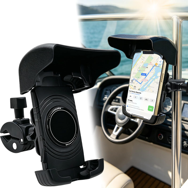 Boat Phone Holder with Sunshade, 360 Degree Rotation Marine Cell Phone Holder,Adjustable Knob Crab Clamp,Boat Accessories for Boat Rail, Jet Ski, Cycling, Fits 4.7-7.2 Inch Phones,（Knob Crab Clamp）