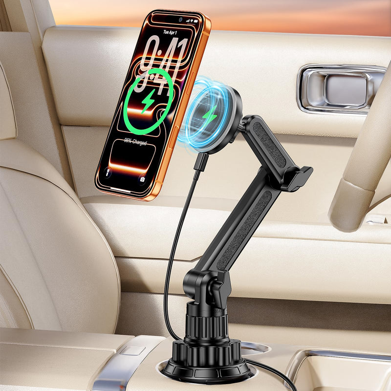 Magsafe Car Mount Charger, Stable Cup Holder Phone Holder Wireless Charger | Height Adjustable, Flexible angle, Fast Charging Car Accessories for iPhone 17 16 15 14 13 12 Series, for Cars, SUVs & Trucks