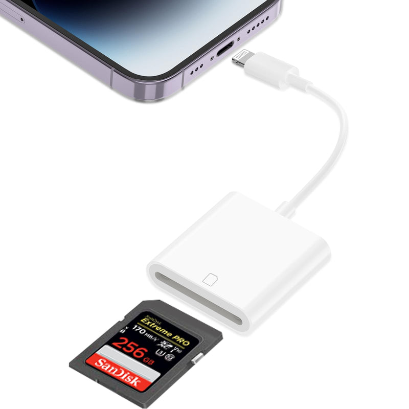 Lightning to SD Card Reader for iPhone, Lightning Camera Adapter Trail Camera Viewer SD Card Camera Memory Card Adapter Compatible with iPhone 14/13/12/11/XS/XR/X/8/7/iPad, Plug and Play White