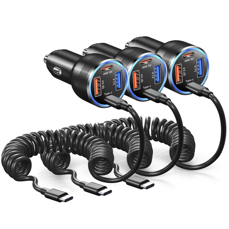 3 Pack 65W Super Fast Type C Car Charger USB C Cigarette Lighter Adapter, 4 Port USB C Car Charger QC+PD 3.0 Fast Charging for Galaxy A17 A16 A15 A14 A13 S26 Ultra S25 S24 Car Phone Charger Plug