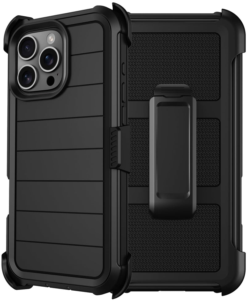 for iPhone 16 Pro Max Case with Belt Clip Holster Screen Protectors | Heavy Duty Military Grade Shockproof Protection Anti-Drop Rugged Kickstand Black