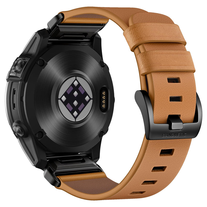 Bandletic 22mm Quick Fit Compatible with Garmin Instinct 3 Watch Bands | Leather Strap for Fenix 8 47mm/5 Plus/6/Instinct 3 E 45mm 2 /Forerunner 970/965/955/Quatix 8/Approach S70/S62/Epix/Descent G2 Camel 22