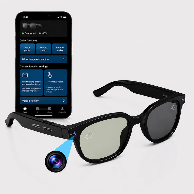 AI Smart Glasses with Photochromic Lenses, 8MP HD Camera, Bluetooth Audio | AI Translation Support; Open-Ear Audio; Dual ENC Microphones; Lightweight TR90 Frame; 290mAh Battery; Office Travel Use; Call Clear Lens