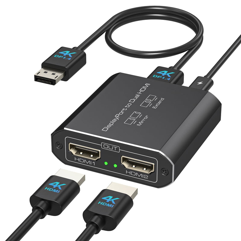 Displayport to Dual HDMI Splitter Extended for Double Screen 4K@60Hz Display Port to 2 HDMI Adapter for Computer Graphics Cards Support MST & SST Mode Jet Black DP TO 2 HDMI