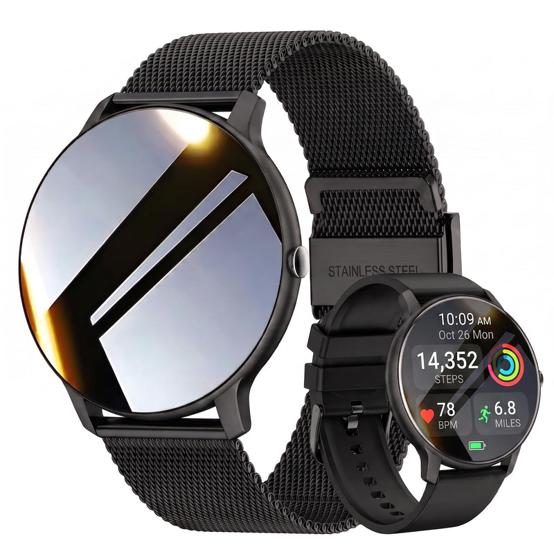 LAKEYLOYI Smart Watch Men Women (Answer/Make Calls), Fitness Watch with 100+ Sport Modes, IP67 Waterproof/Heart Rate/Sleep Monitor, Smart Watches for iOS/Android with 2 Bands Black
