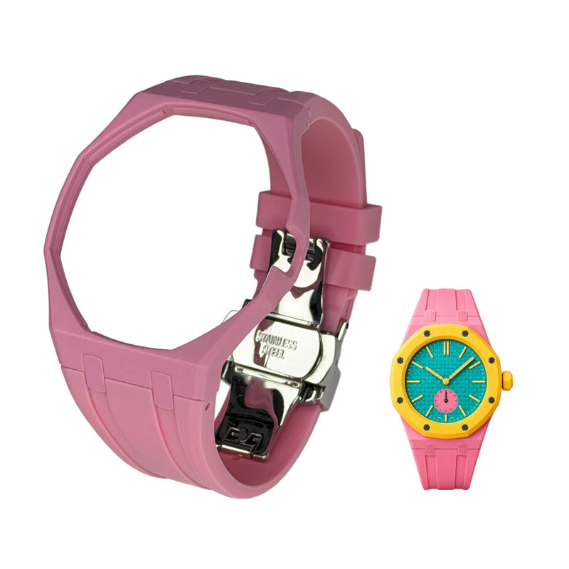 Integrated Bioceramic Watch Case and Silicone Strap Kit Compatible with AP x Swatch Royal Pop Series, One-Piece Replacement Case Band Set with Stainless Steel Folding Clasp, Watch Not Included 3H Deep Pink