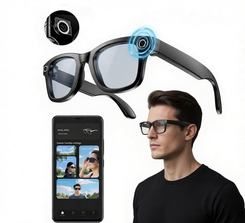 AI Smart Glasses with Camera, 8MP HD Bluetooth Camera Glasses for Women Men | 1080P Video Recording Sunglasses, Real Time Translation, Voice Assistant, Open Earbuds, Travel, Work, Vlog, (3 Lenses)
