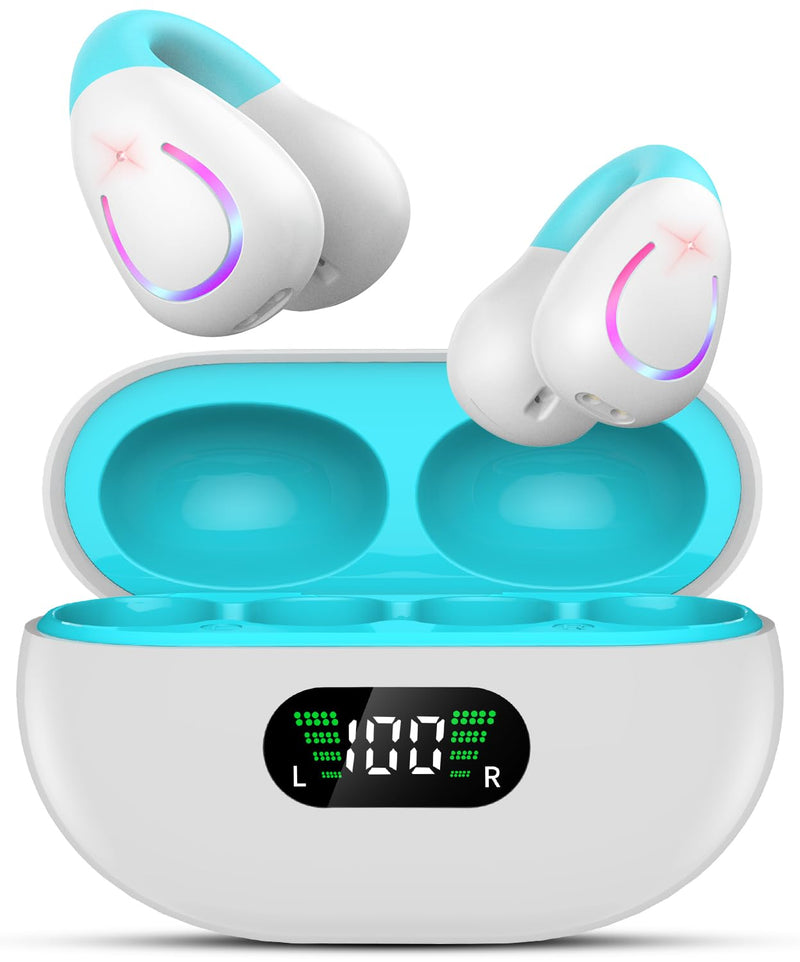 Comfort Clip On Earbuds, Bluetooth 6.1 Open Ear Bone Conduction Headphones, with Digital Display Charging Case Sport Earphones Built-in Mic Waterproof for Running Fitness Exercise, White-Blue