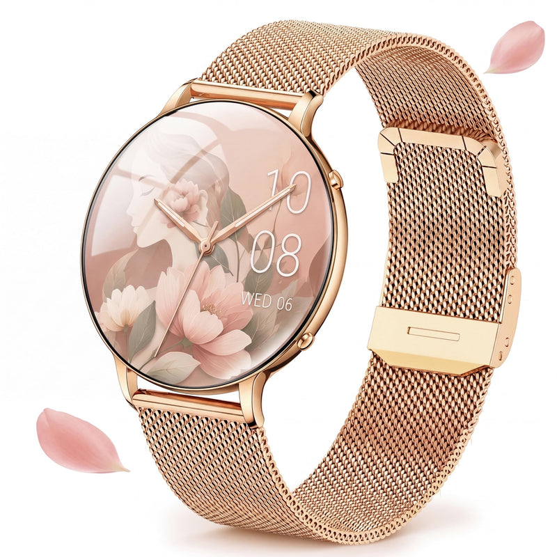 Smart Watch Lightweight for Women: 1.32” AMOLED Display Rose Gold with 2 Bands - IP68 Waterproof Fitness Tracker Smartwatch Compatible iPhone/Android - Gifts for Women 15–45