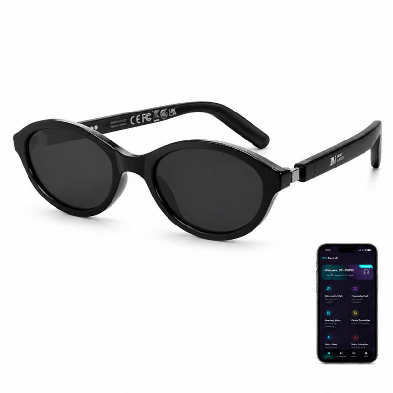 AI Glasses for Women with Thin Temples Cat Eye Smart Sunglasses | Real-Time Translation - 160+ Languages, Open-Ear Audio Lightweight Bluetooth Glasses for Travel, Business - Black