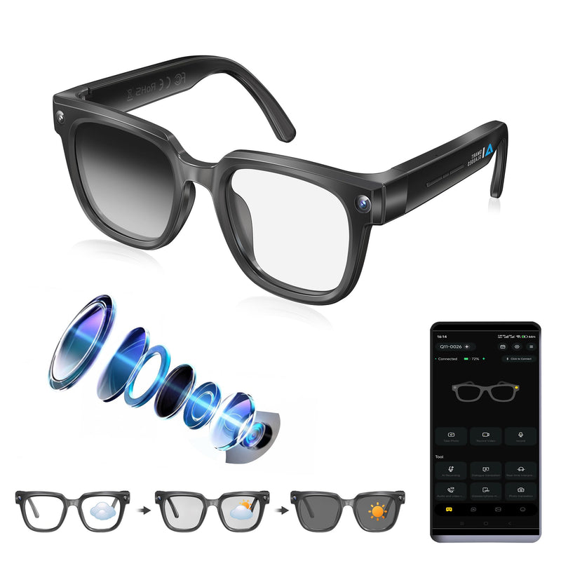 AI Smart Glasses with Camera,4K Photo & Video Capture,Real-Time Translation | 8MP HD Bluetooth Glasses Camera, AI Assistant with Object Recognition, Open Earbuds, Travel, Work, Vlog (Photochromic)