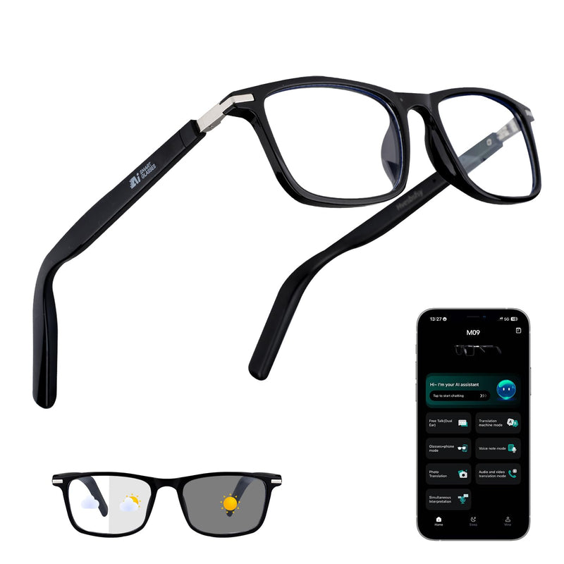 AI Smart Glasses, Bluetooth Audio Glasses, Photochromic UV Eyewear,Free App | AI Translation(164 Languages), IP65 Waterproof, Hands-free Calls, Fashion Sunglasses for Walking Cycling Driving and Shopping Black-M09