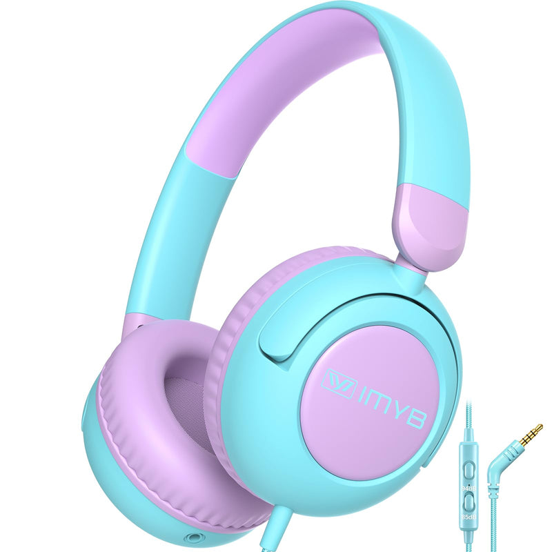 IMYB V8 Kids Headphones for School, Wired HD Mic 3-15 Year for Girls Boys | 85/94dB Volume Limit Safe Over-Ear Toddlers Durable Foldable Cord for iPad Tablet PC, Travel Airplane (Blue) Blue
