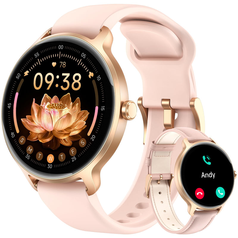 Smart Watch for Women, 1.27" HD AMOLED Smartwatch (Answer/Call) for iPhone/Android/Samsung, Fitness Tracker with 120+ Sport Modes, Heart Rate/Sleep/Health Monitor, IP68 Waterproof, 2 Bands Rose Gold