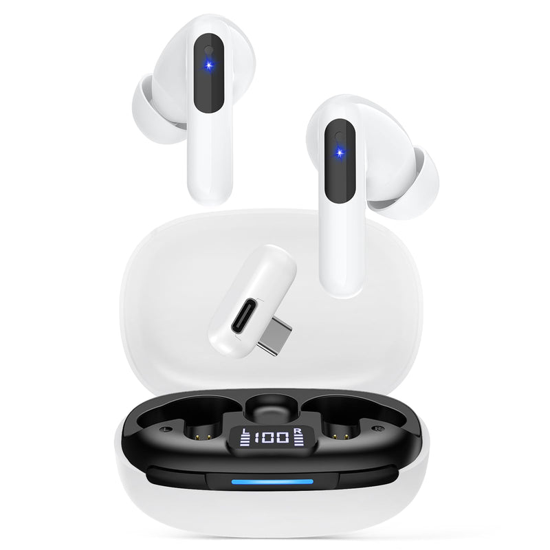 RYR Wireless Gaming Earbuds with Noise Cancelling Mic, 2.4Ghz & Bluetooth | 20ms Low Latency, LED Display, 36H Playtime for Meta Quest 3/2, PS5, PS4, VR, Switch, Steam Deck, PC, Phone White