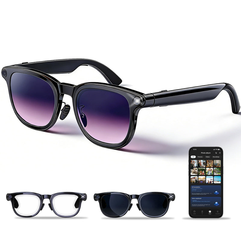 AI Smart Glasses with Camera, 8MP Camera 1080P HD Video Recording & Photos | Real-Time Translation, Voice Assistant, Open Earbuds for Vlogging, Travel, Business (3 Lenses)