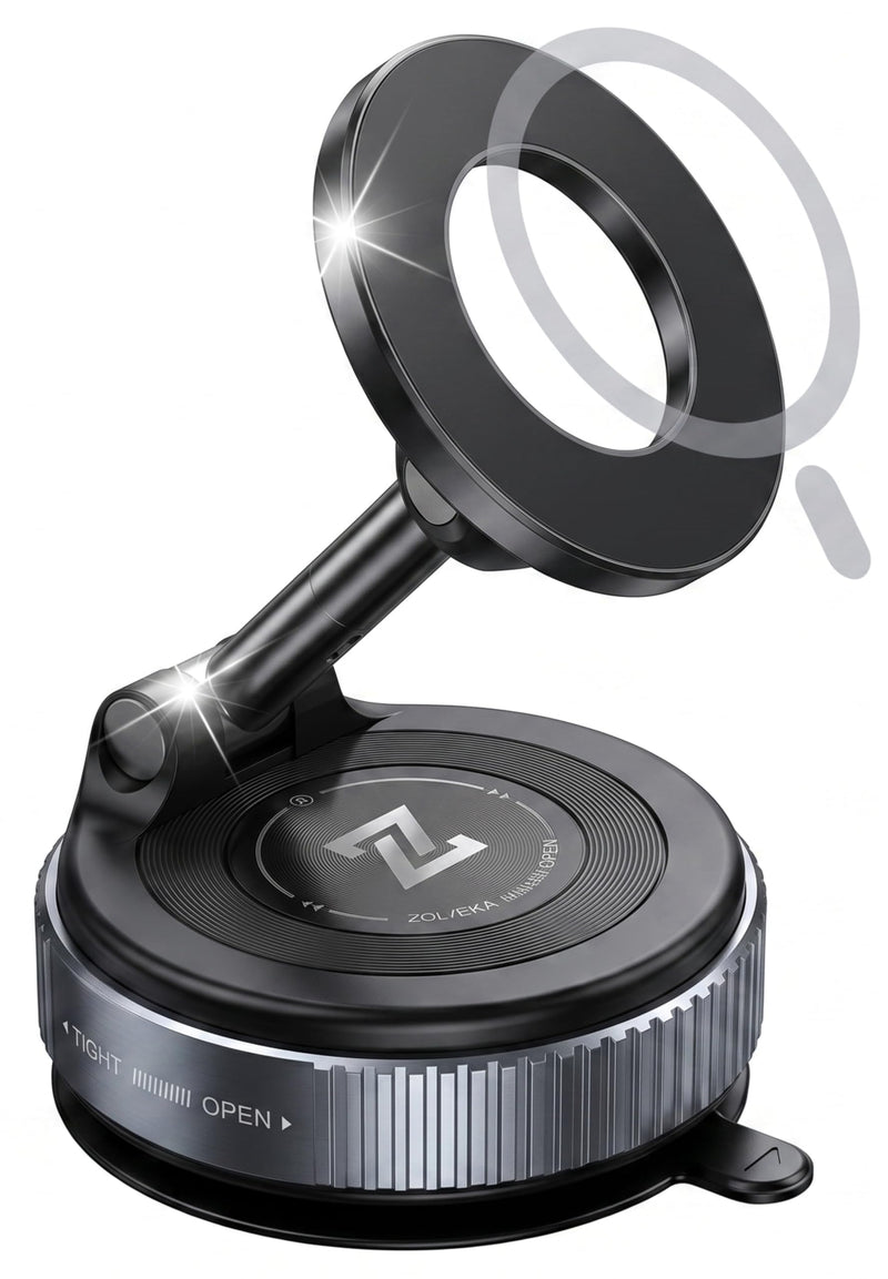 Vacuum Lock Magnetic Car Phone Mount, Universal Holder for All Phones, Anti-Vibration Strong Magnet 360° Foldable Holder for Dashboard, Windshield, Mirror & Gym, Compatible with Magsafe