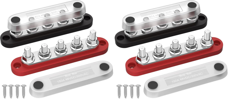 DaierTek Power Distribution Block with Cover Mini 5 x 1/4" Studs Bus Bar Terminal Block Max 150A 48V DC 300V AC Positive & Negative for Automotive Car Marine (Pack of 2) 5M6+0S (Pack of 2)