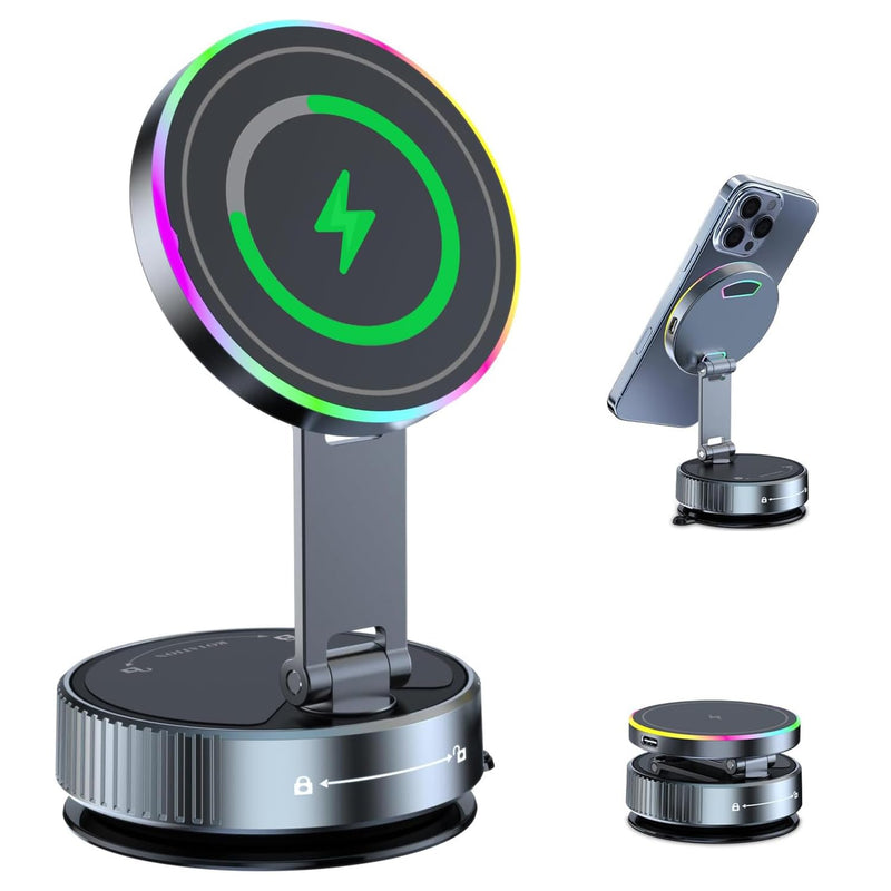 2026 Upgraded MagSafe Car Mount Charger 15W Fast Wireless Charging, 360° Adjustable Vacuum Magnetic Suction Phone Holders for iPhone 17-12 & Android