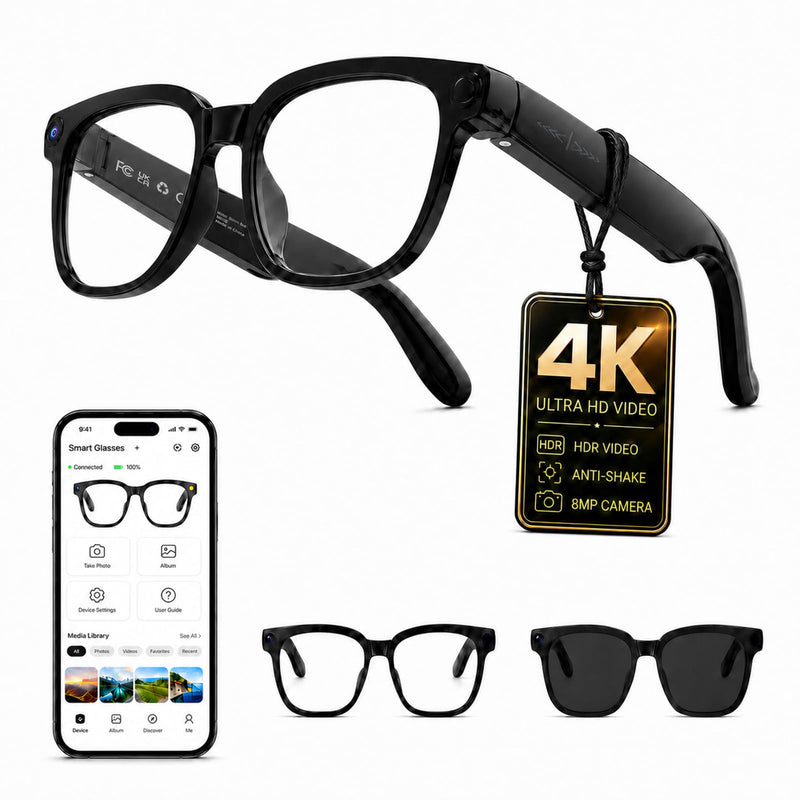 AI Smart Glasses with Camera, 4K Anti-Shake Video & Photo Capture. | Real-Time Translation, Object Recognition, AI Assistant, Open-Ear Audio, Smart Glasses with Camera and Bluetooth, Black
