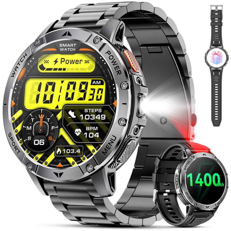 Military Smart Watches for Men, 1.7" HD Smart Watch with Two Flashlights/1400mAh/110+ Sports Modes Fitness Tracker Watch, Waterproof Mens Smart Watch for Android Phones iPhone Compatible(2 Strap) Darkness