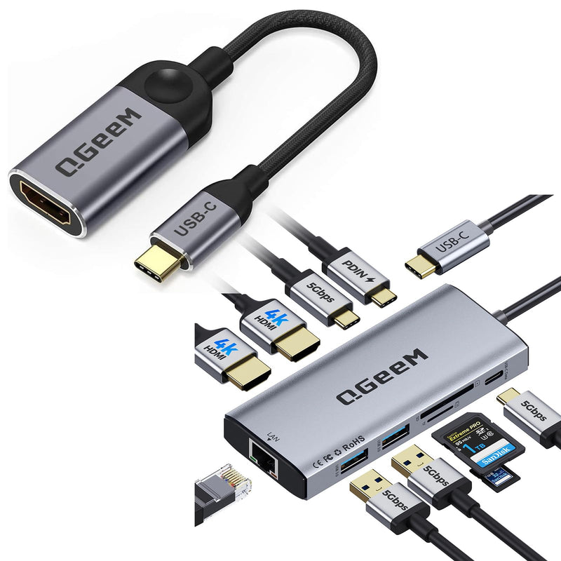 QGeeM USB C Docking Station Bundle, 10 in 1 Multiport Laptop Dock & USB C to 4K HDMI Adapter, Thunderbolt 3/4 Combo Kit with Dual HDMI, PD 100W, Ethernet, Card Reader for MacBook, Dell XPS, Surface