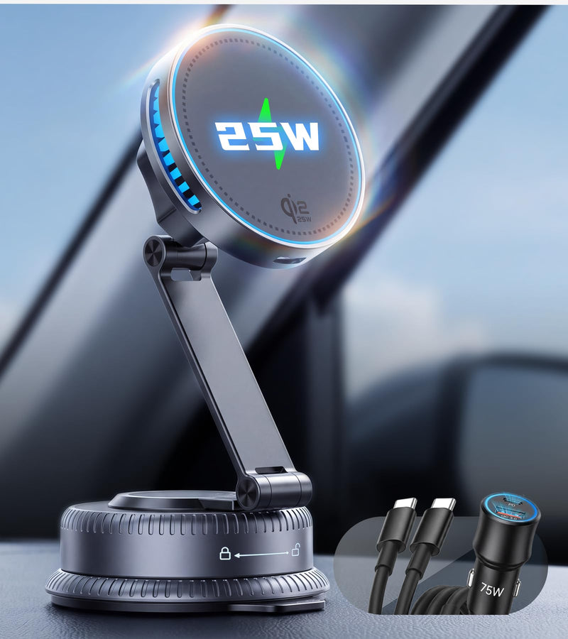 Qi2.2 25W MagSafe Car Mount Charger, Cooling Fan, 75W Fast Adapter | Long Arm Magnetic Wireless Car Charger, 360° Rotating Phone Holder for Car, Car Mount for iPhone 17-12 Series