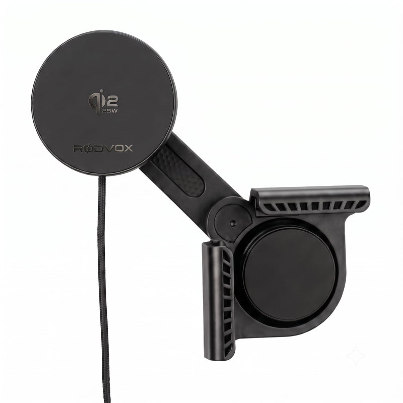 Qi2.2 25W Phone Mount Compatible with Tesla Model 3/Y, Screen Clamp | 1.5 m (4.9 ft) braided USB-C cable supports flexible in-car routing; folding arm and dual-ring magnets aid positioning