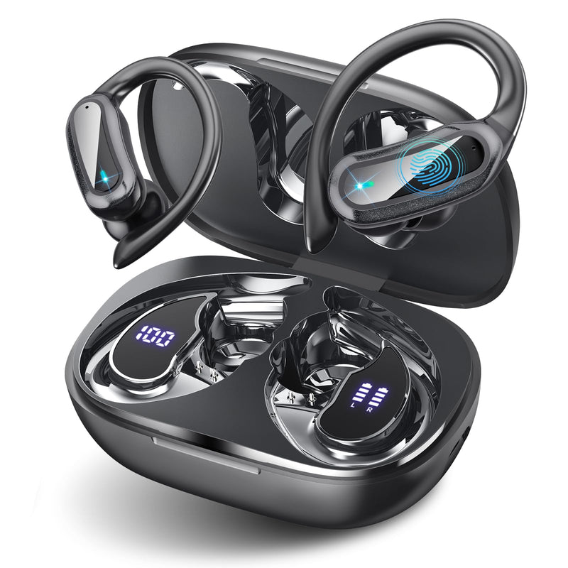Wireless Earbuds Bluetooth Headphones, 54H Playtime Full Stereo Over Ear Buds with ENC Noise Cancelling, LED Power Display, IPX7 Waterproof Sport Earphones with Earhooks for Running/Workouts Black Soft Black