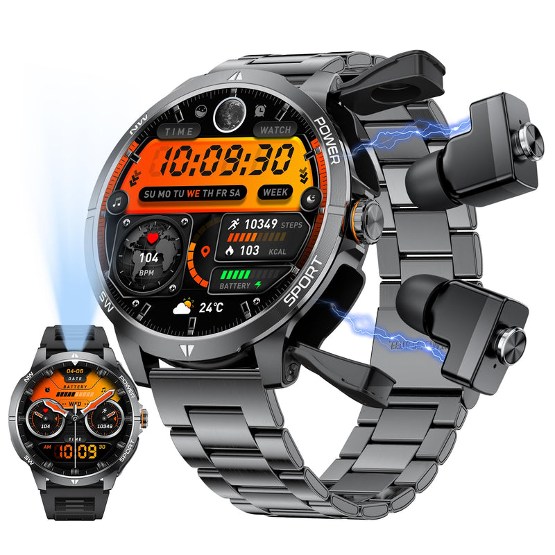 Smart Watch with Earbuds for Men,1.7 HD Screen，Double Strap | 2-in-1 Design,Magnetic Earbuds,Configure a steel strap and a silicone strap,Comes with 2 glass screen protectors as a gift Black-GT200