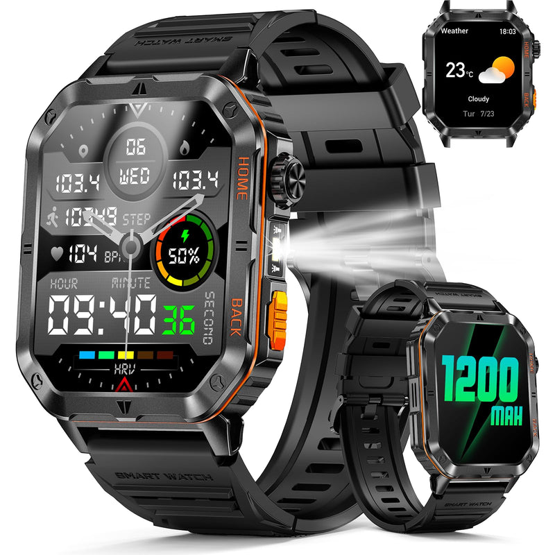 Military Smart Watch for Men, 2.01" Screen Watch with 1200mAh Battery | Bluetooth Calling, Built-in Flashlight, 5ATM Waterproof, and 110+ Sports Modes Compatible with Android and iPhone Black-WL-H01