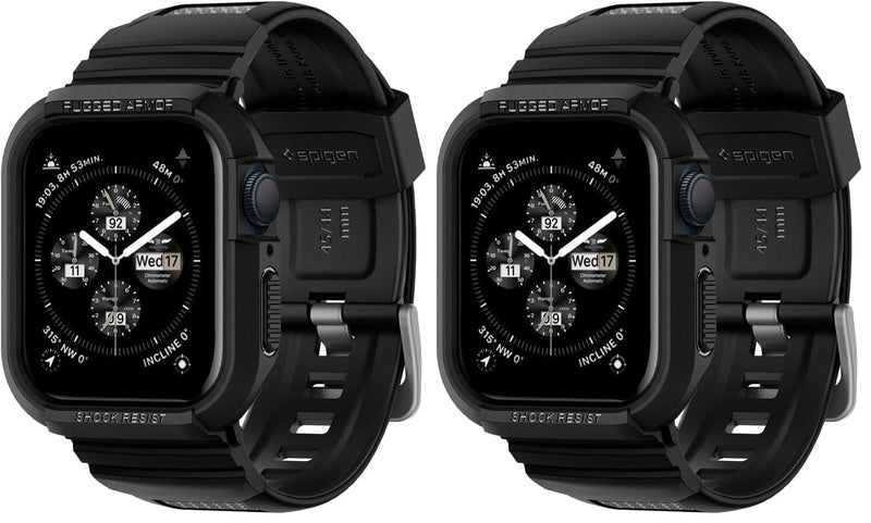 Spigen Rugged Armor Pro Designed for Apple Watch Case with Band Series SE3/9/8/SE2/7/6/SE/5/4 45mm/44mm Protective TPU Cover with Strap - Black (Pack of 2) Apple Watch 44/45mm (Pack of 2)