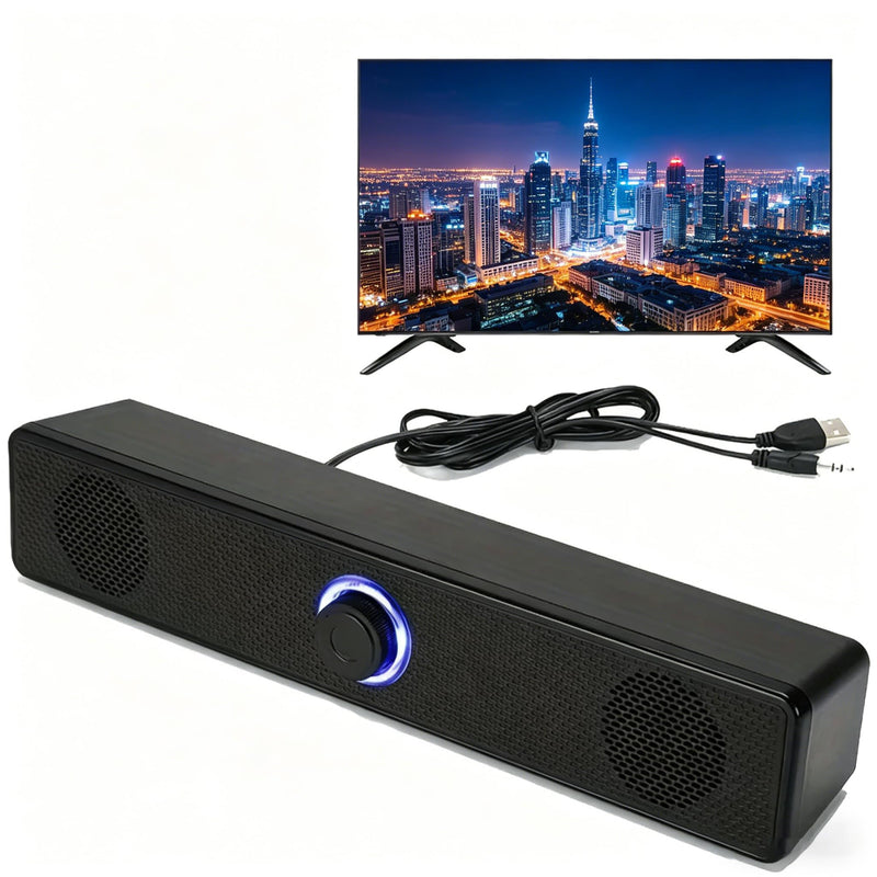 Computer Speakers USB-A Powered Wired Stereo Desktop Speaker,Portable,with 3.5mm AUX, Volume Knob LED Ring for PC Laptop No Bluetooth,Computer accessorie Black