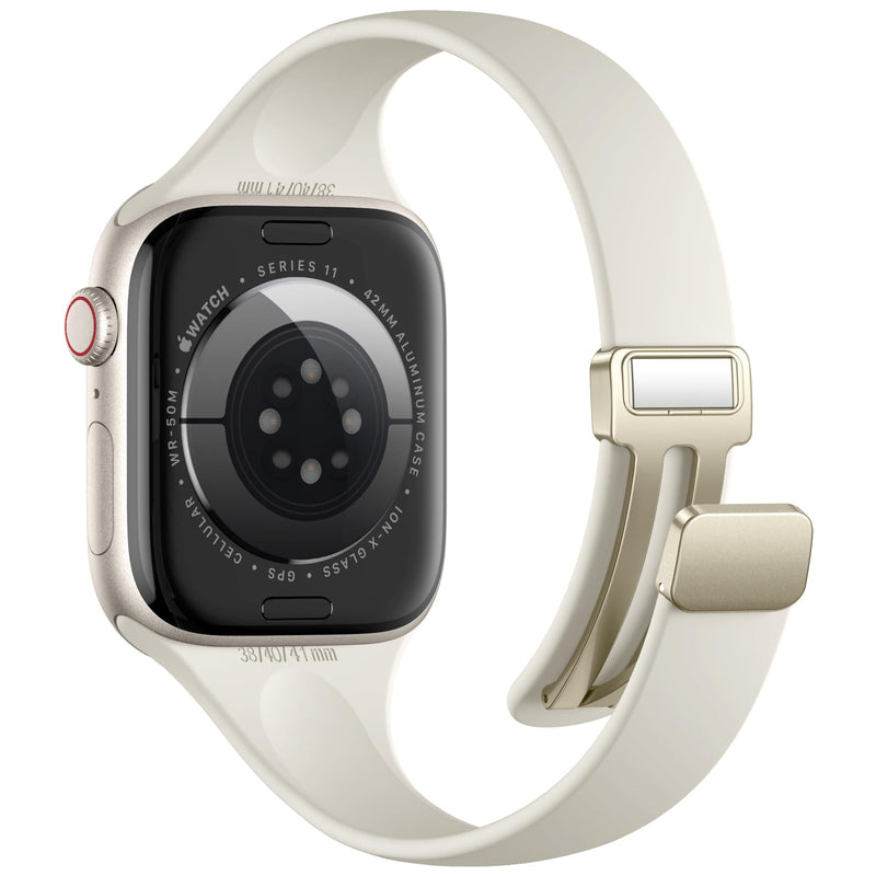 Charlam Slim Silicone Magnetic Band Compatible with Apple Watch Bands Women | Soft Breathable Thin Wristband 38mm 40mm 41mm 42mm 44mm 45mm 46mm, Sport Strap for iWatch SE Series 11 10 9 8 7 6 5 4 3 2 1 Starlight 38mm/40mm/41mm/42mm(series 11 10)