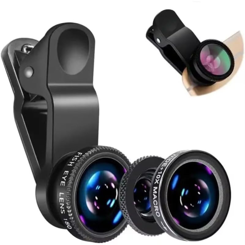 3 in 1 Universal Fish Eye Lens,Cell Phone Camera Lens Kit Wide Angle Macro Fisheye Lens with Phone Clip for Phones Tablet (Black) Black