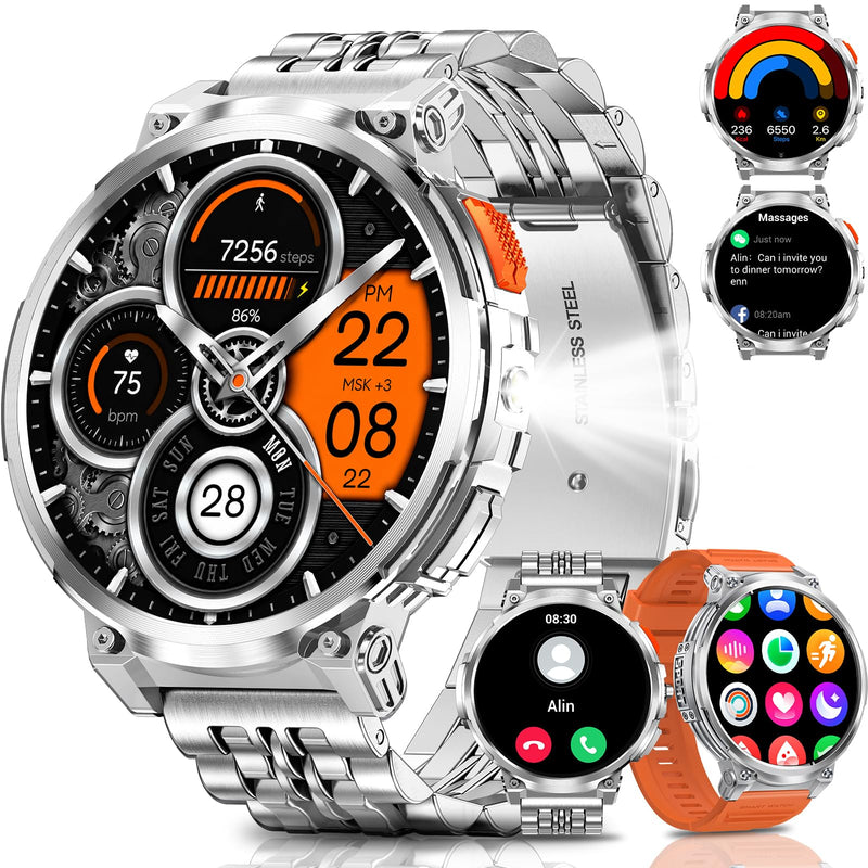 Military Smart Watch for Men, Flashlight, 1.85" Big Screen, 930mAh Battery | AMOLED Display, Bluetooth Calling, 2 Bands, IP68 Waterproof, 114 Sports Modes, Fitness Tracker, Android & iPhone Compatible