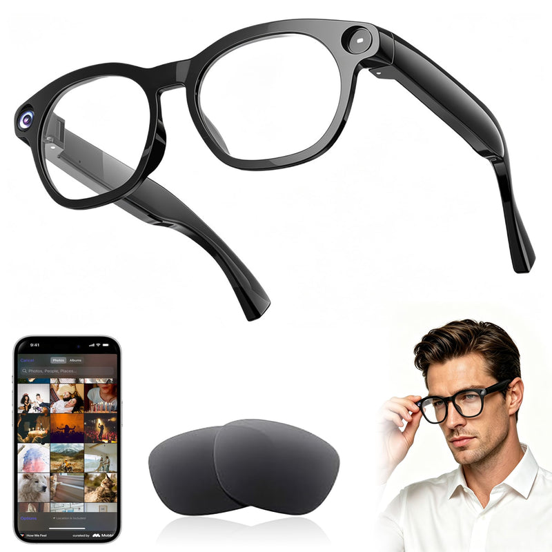 AI Smart Glasses with Camera, 4K Video Recording & Photo Capture Sunglasses | Real-Time Translation, Open-Ear Bluetooth Audio, AI Voice Assistant, Object Recognition, Replaceable Lenses for Men & Women