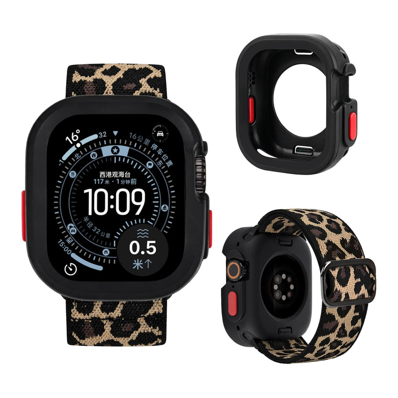 2-in-1 Stretchy Leopard Band Bumper Case for Apple Watch Series 9 SE Ultra | Elastic Cheetah Print Nylon Watch Strap Soft Protective Cover for Women Compatible with iWatch 40/41/44/45/49mm Sport Brown + Black 49mm for iWatch Ultra 3/2/1