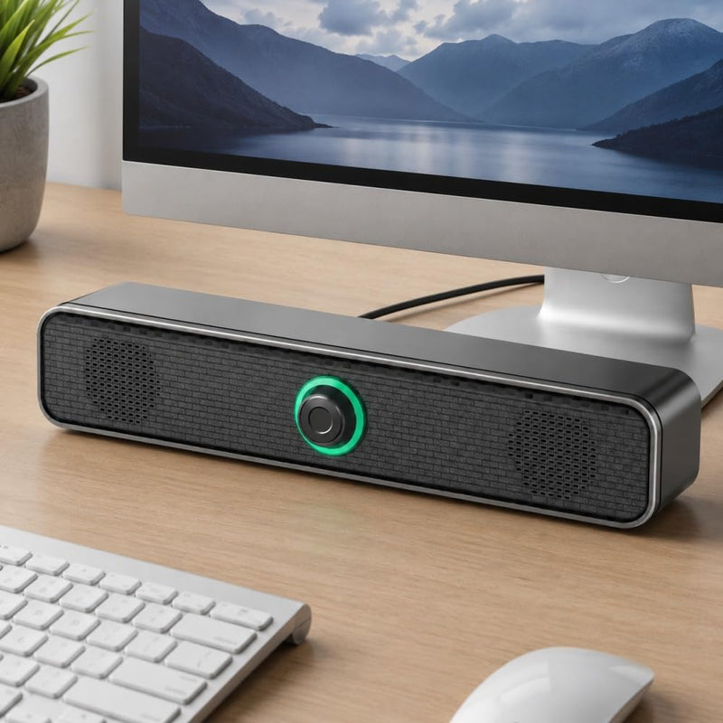 USB Computer Speaker Long Strip Wired Desktop Sound Bar with Knob Volume Control for Laptop PC Office Gaming Streaming Home, Black