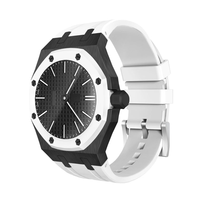 Luxury Aluminum Case Band Mod Kit Compatible with AP Swatch Royal Pop for Men Women, Lightweight Shockproof Aluminum Bumper Case with Sport Silicone Replacement Strap Black White(At 3 o'clock)