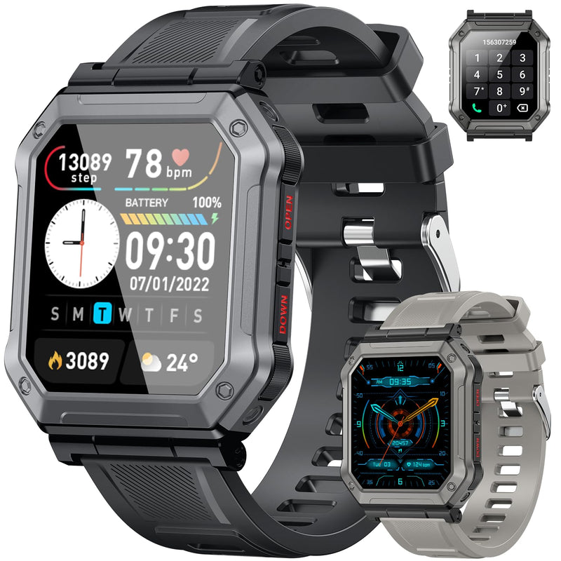 Smart Watch for Men Fitness Tracker: Bluetooth Military Digital Mens Watches Make Answer Call Waterproof Smartwatch Android Phones iPhone Samsung Compatible Running Step Pedometer Heart Rate Monitor Black