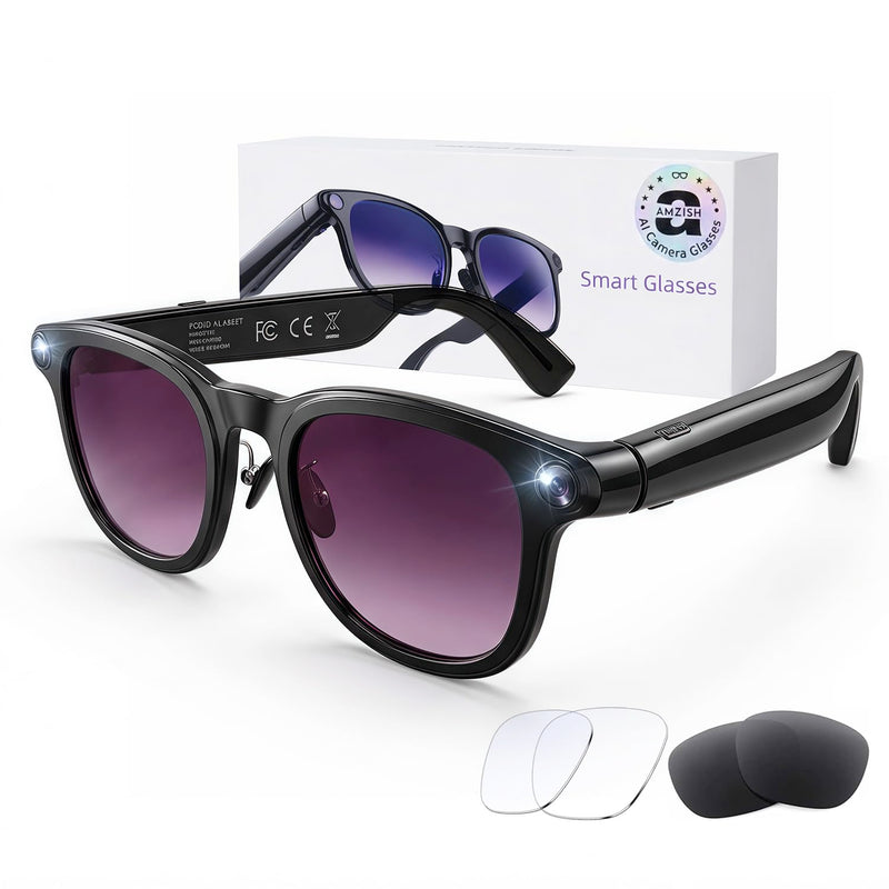 AI Smart Glasses with Camera, 8MP HD Bluetooth Camera Glasses for Women Men | 1080P Video Recording Sunglasses, Real Time Translation, Voice Assistant, Open Earbuds, Travel, Work, Vlog, (3 lenses) Piano black