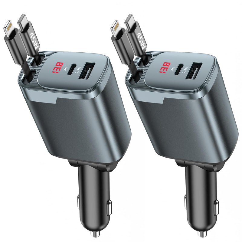 2 Pack 84W Retractable Car Charger, 4-in-1 USB C Fast Charging Adapter | Cigarette Lighter USB Charger Adapter, Fast charge for iPhone 17-11 & Samsung, Ideal Car Accessories & Gifts for Men Women 2 Pack