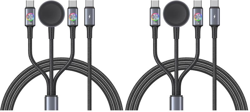 72W Super Fast Charging 3-in-1 Multi Charging Cable, Dual USB-C Ports for iWatch Ultra/SE/10-1/iPhone 17/16/15 Pro, Multi Charger for Apple Watch, Galaxy Phone Travel Essentials (Pack of 2) 4 feet (Pack of 2)