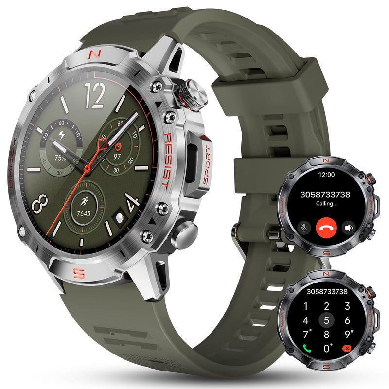 WalkerFit Men's Rugged Smart Watch, 1.43" AMOLED, BT Call, 5ATM Waterproof | Tactical watch featuring Zinc Alloy frame, 2 bands, SpO2 & Heart rate monitor, Bluetooth calls and 5ATM water resistance.