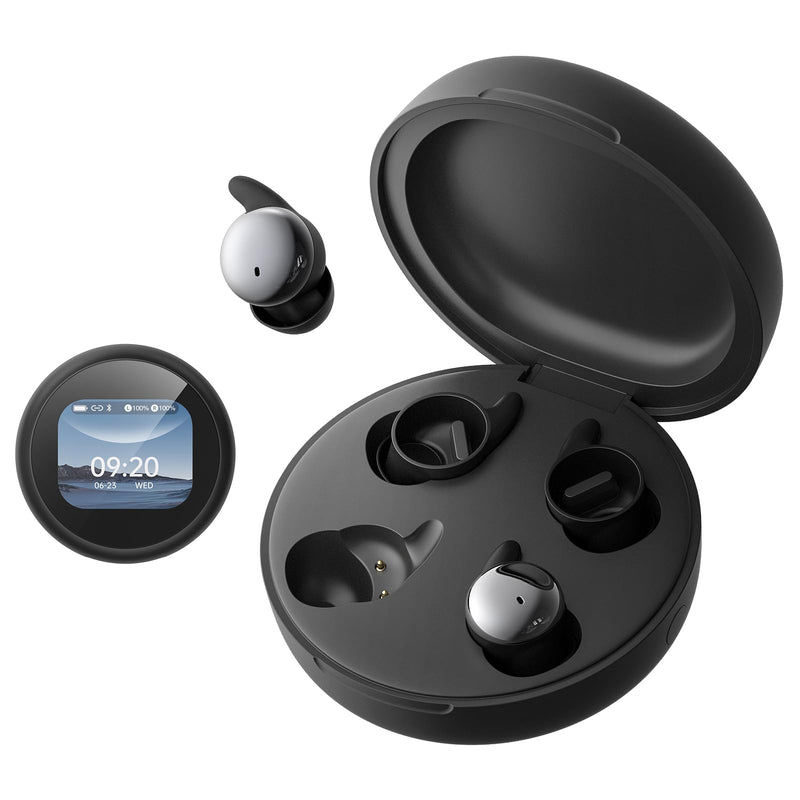 NE90 Wireless Sleep Earbuds for Side Sleepers – Smart Touchscreen Case with Built-in White Noise & AI Translation 164 Languages, Comfort Invisible Design, Sleep Timer Black